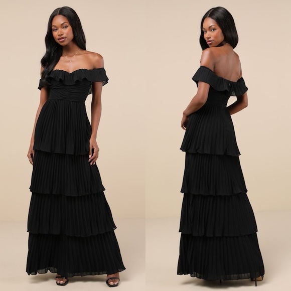 Lulus Always‎ Remarkable Black Pleated Off-the-Shoulder Maxi Dress Size Medium - Picture 1 of 7